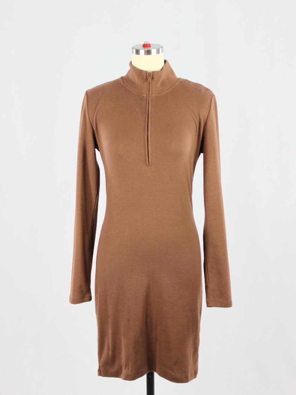 Aritzia SUNDAY BEST Brown Cotton Blend Jersey Half Zip Long Sleeve Dress, Size M